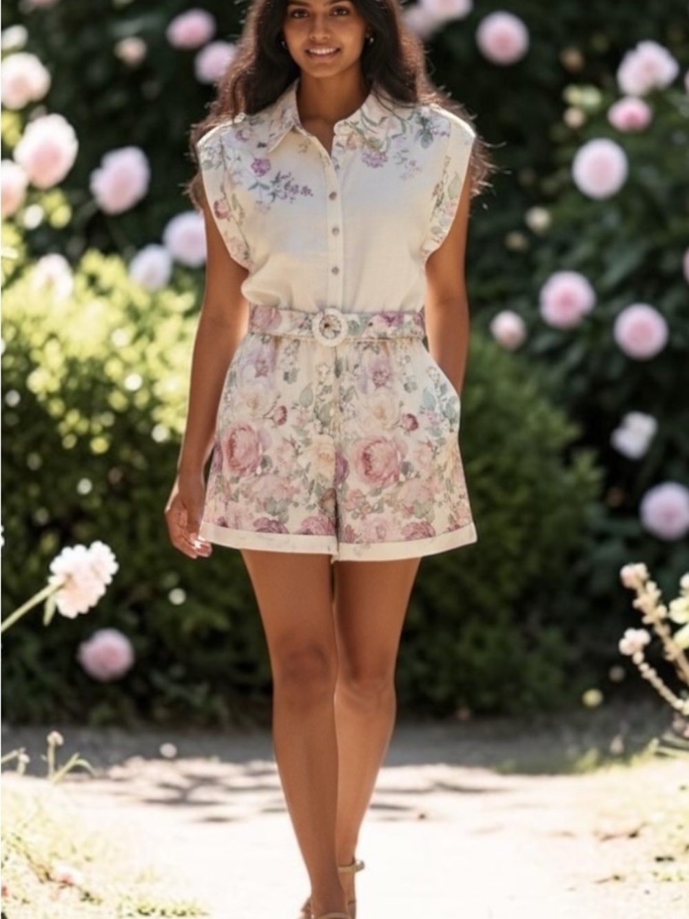 Miss Avenue Cream and Pink Floral High-Waist Short Set Romper